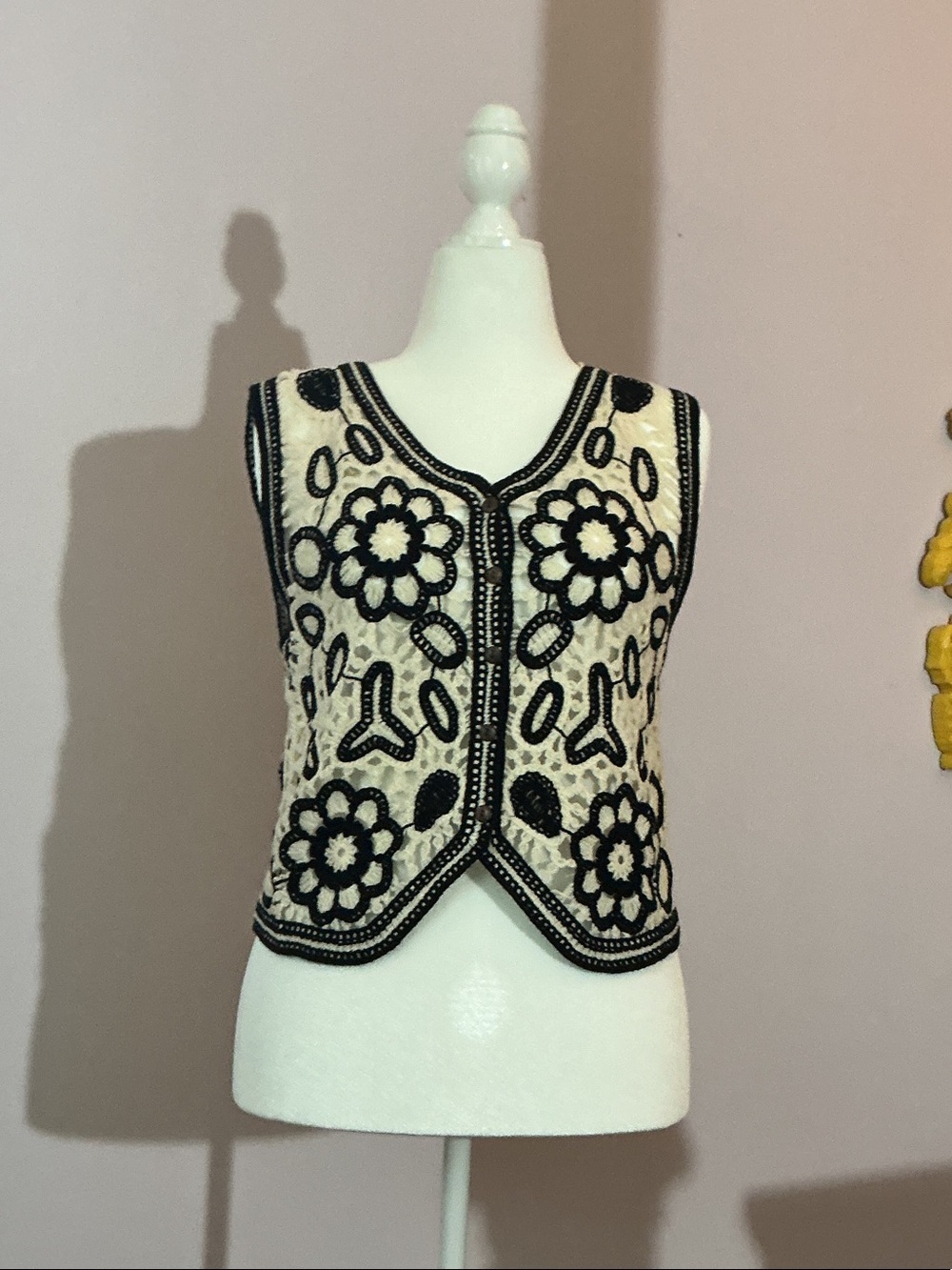 Embroidered Black Floral V-Neck Tank Top on Cream